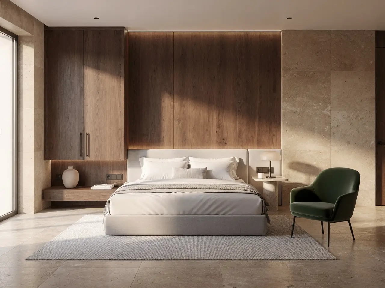 Un concepto de habitación de hotel boutique con materiales cálidos, iluminación controlada y una atmósfera de hostelería pulida.