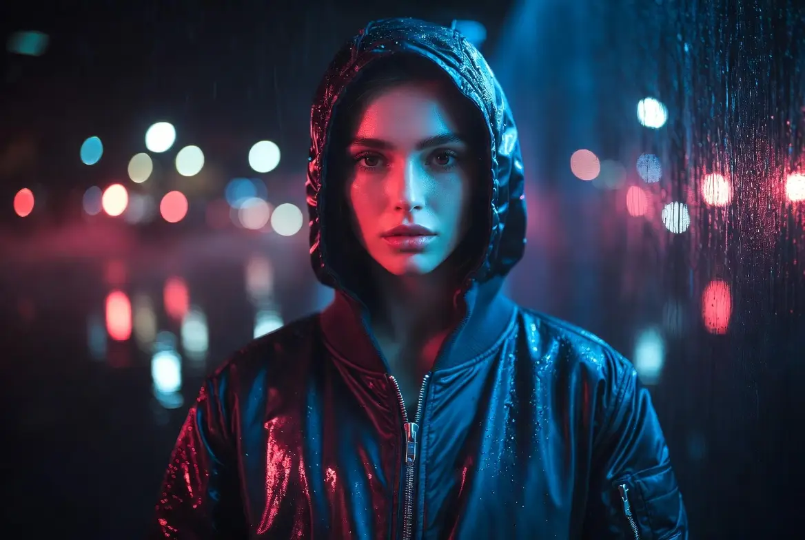 Un retrato de streetwear melancólico con un contraste de iluminación dramático y un tono editorial definido