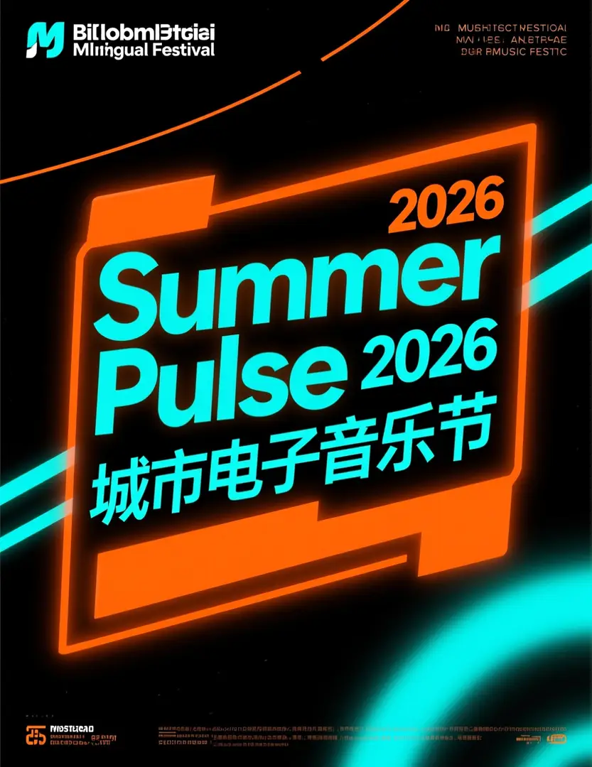 큰 Summer Pulse 2026 헤드라인과 굵은 중국어 텍스트가 포함된 이중 언어 페스티벌 포스터.